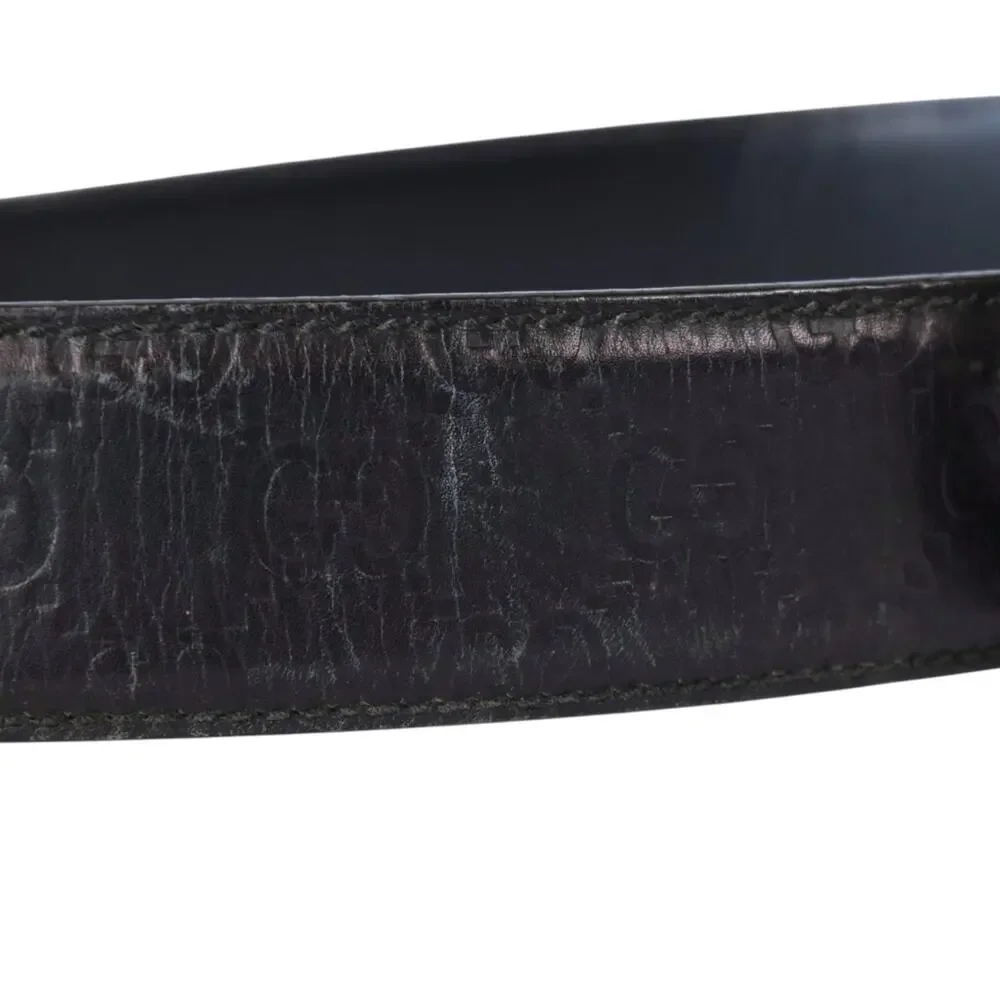Gucci GG Monogram Black Leather Belt Silver Buckle Italy